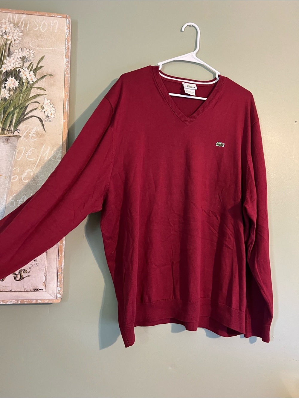 Lacoste Men's V-Neck Sweater in Burgundy Red